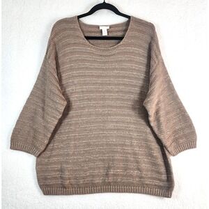 Chicos Women Sz 3 Knit Sweater Pullover Tan Gold Metallic Stripes Classic Career